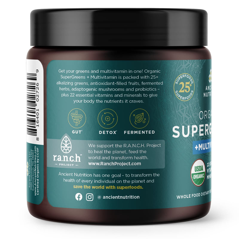 CLEARANCE! Ancient Nutrition Organic Super Greens + Multivitamins 12 Servings, 3.6 oz (102 g), BEST BY 03/2026 - DailyVita