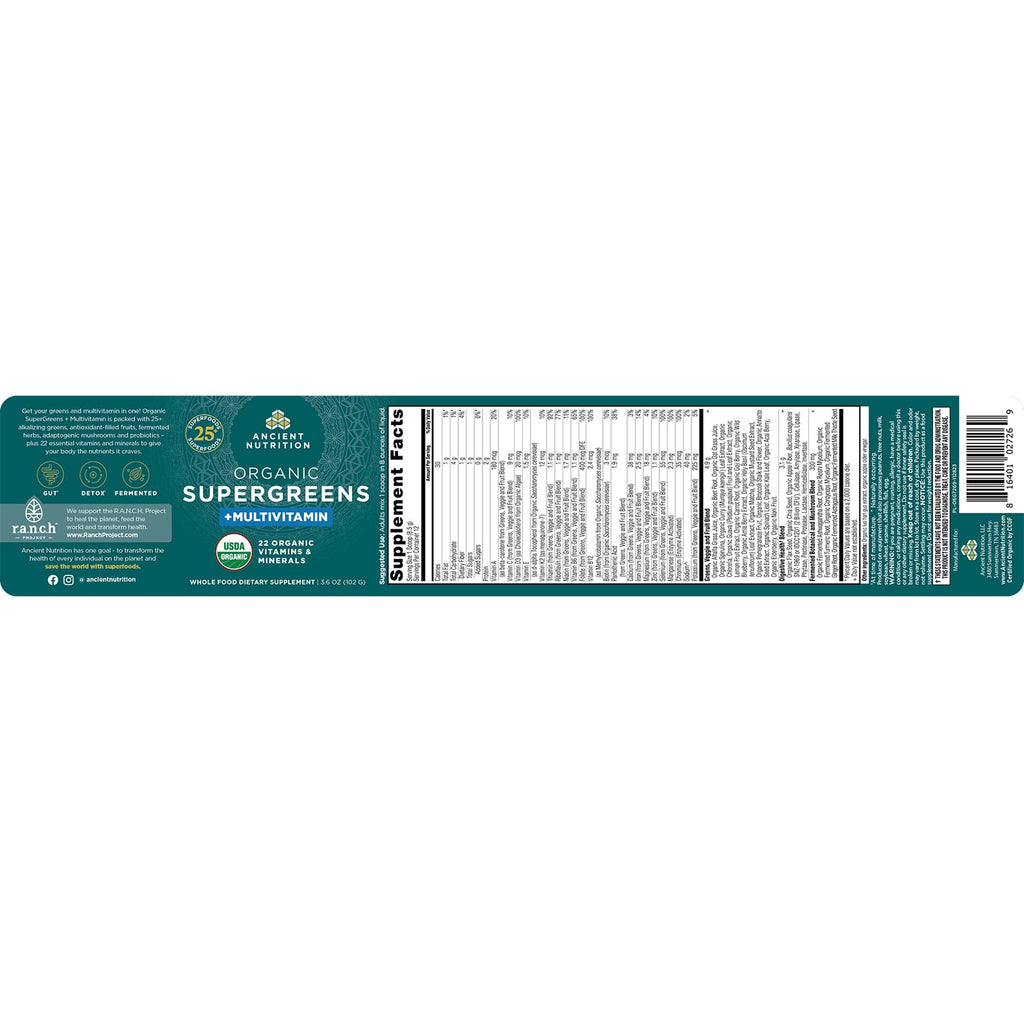 Ancient Nutrition Organic Super Greens + Multivitamins 12 Servings, 3.6 oz (102 g) - DailyVita