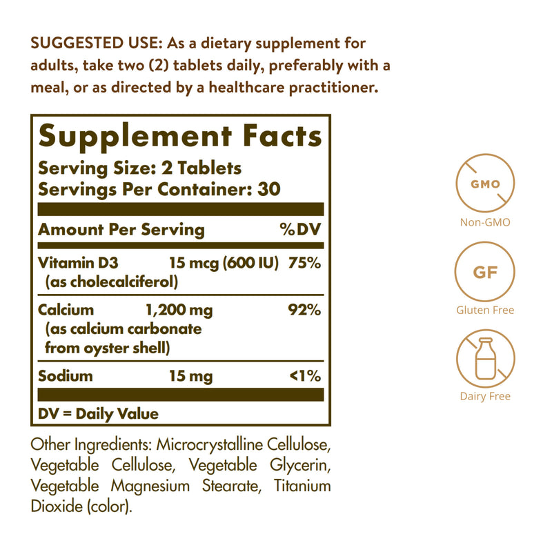 CLEARANCE! Solgar Calcium "600" Tablets (from Oyster Shell with Vitamin D3) 60 Tablets, BEST BY 01/2025