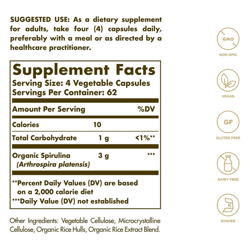 Solgar Spirulina 750 mg 250 Vegetable Capsules - DailyVita