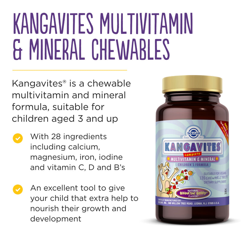 CLEARANCE! Solgar Kangavites Multivitamin & Mineral Bouncin' Berry 120 Chewable Tablets, BEST BY 07/2024 - DailyVita