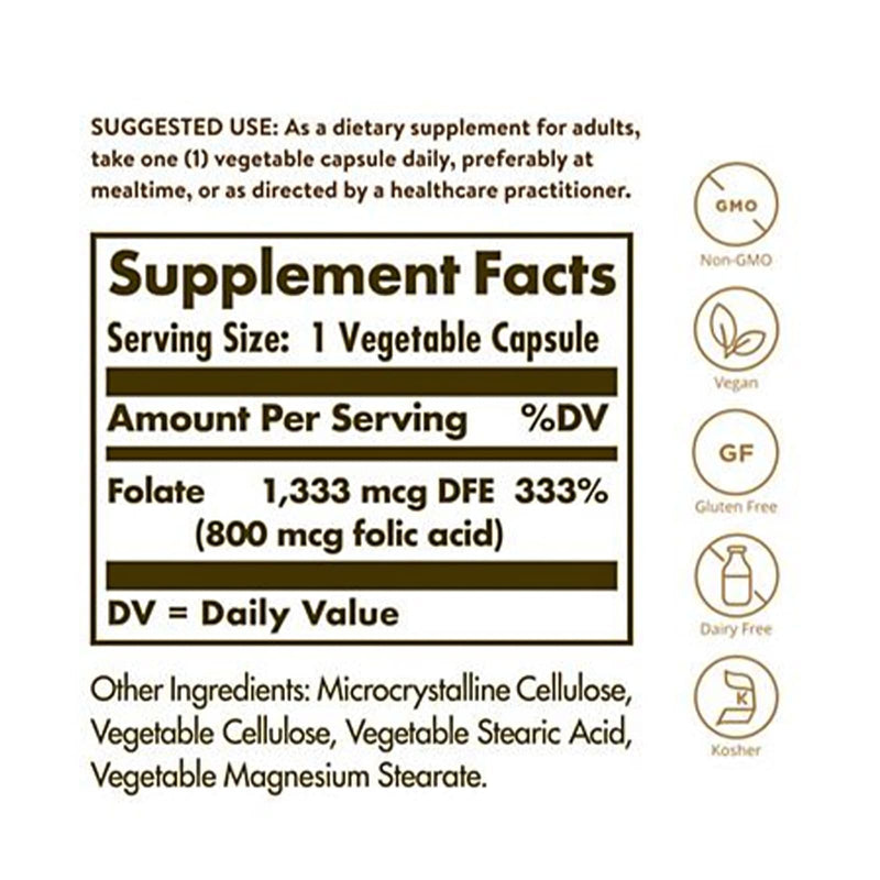 CLEARANCE! Solgar Folic Acid 800 mcg 250 Vegetable Capsules, BEST BY 02/2026 - DailyVita