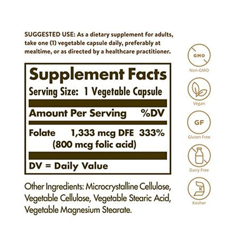 Solgar Folic Acid 800 mcg 250 Vegetable Capsules - DailyVita