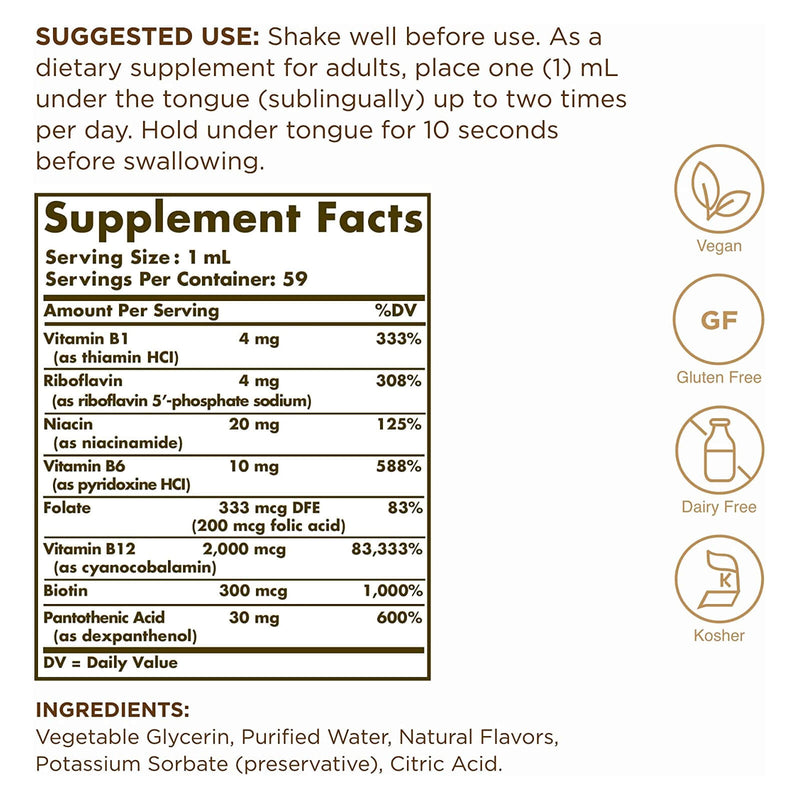 CLEARANCE! Solgar Sublingual Liquid B-12 2000 mcg with B-Complex 2 fl oz, BEST BY 01/2026 - DailyVita