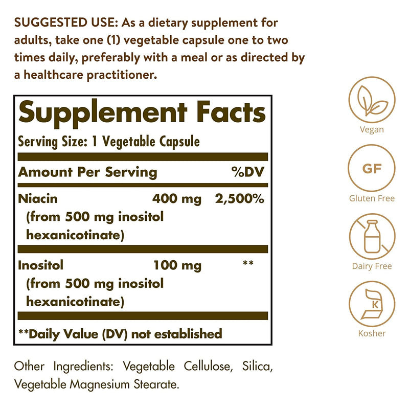 Solgar No-Flush Niacin 500 mg (Vitamin B3) (Inositol Hexanicotinate) 250 Vegetable Capsules - DailyVita