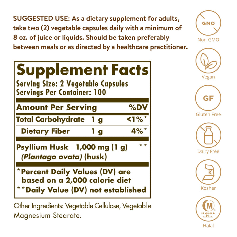 Solgar Psyllium Husks Fiber 500 mg 200 Vegetable Capsules - DailyVita