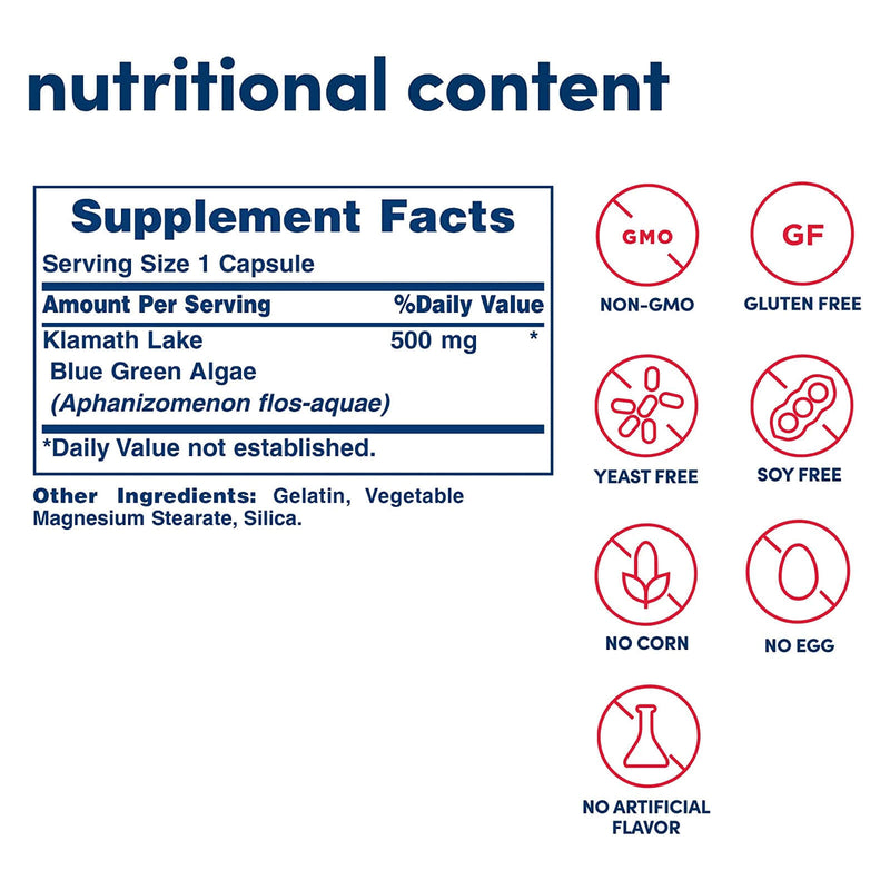 Solgar Klamath Shores Blue Green Algae 500  MG 120 Capsules - DailyVita