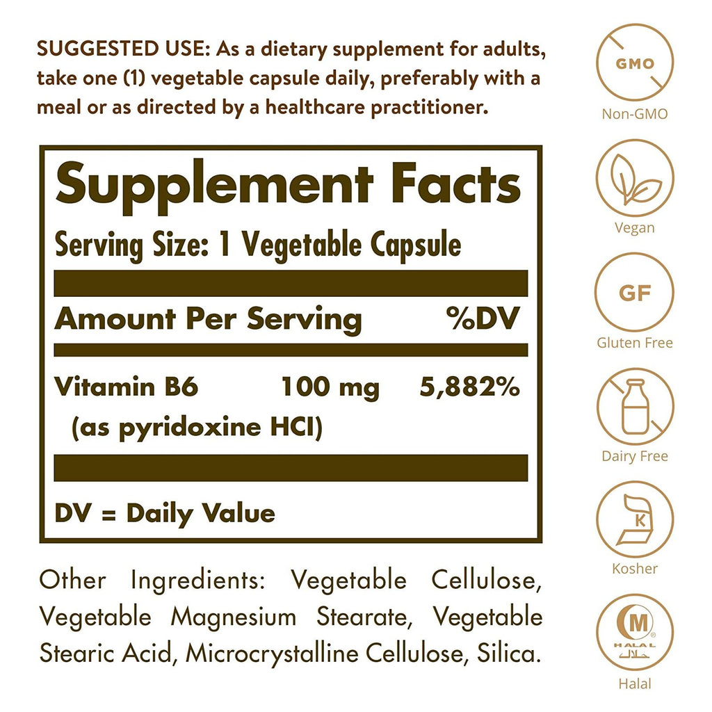 Solgar Vitamin B6 100 mg 250 Vegetable Capsules - DailyVita