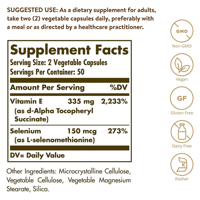 Solgar Dry Vitamin E with Yeast-Free Selenium 100 Vegetable Capsules