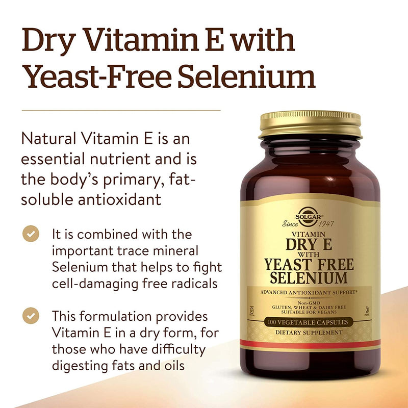 Solgar Dry Vitamin E with Yeast-Free Selenium 100 Vegetable Capsules