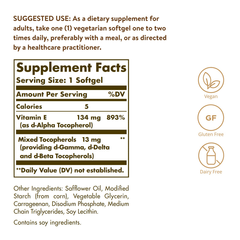 Solgar Vitamin E 134 mg (200 IU) (d-Alpha Tocopherol & Mixed Tocopherols) 100 Vegan Softgels