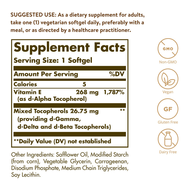 CLEARANCE! Solgar Vitamin E 268 mg (400 IU) Vegan Softgels (d-Alpha Tocopherol & Mixed Tocopherols) 100 Softgels, BEST BY 08/2024 - DailyVita