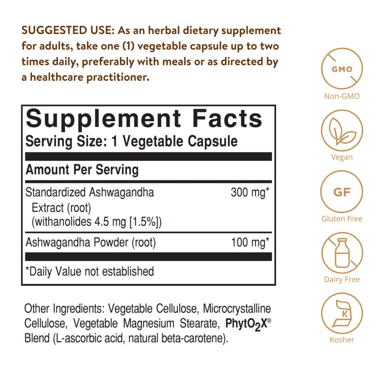 Solgar SFP Ashwagandha Root Extract 60 Vegetable Capsules - DailyVita