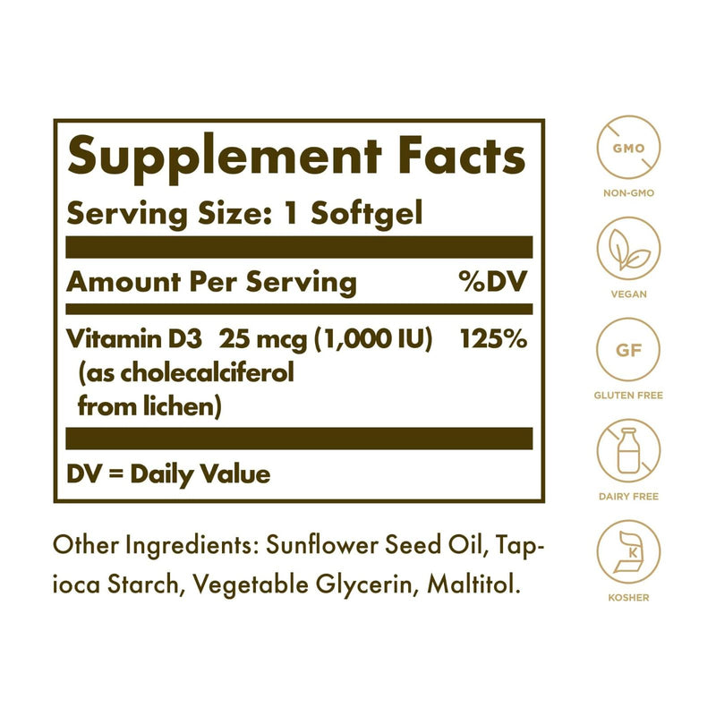 Solgar Vegan Vitamin D3 25 mcg 1000 IU 60 Softgels - DailyVita