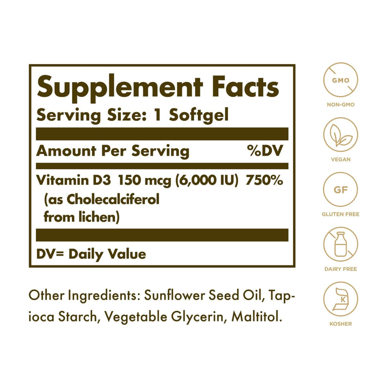 Solgar Vegan Vitamin D3 150 mcg (6000 IU) 50 Softgels