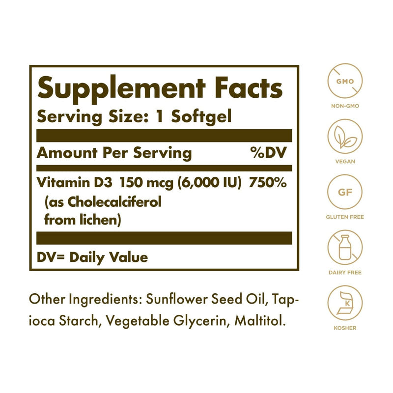 Solgar Vegan Vitamin D3 150 mcg (6000 IU) 100 Softgels