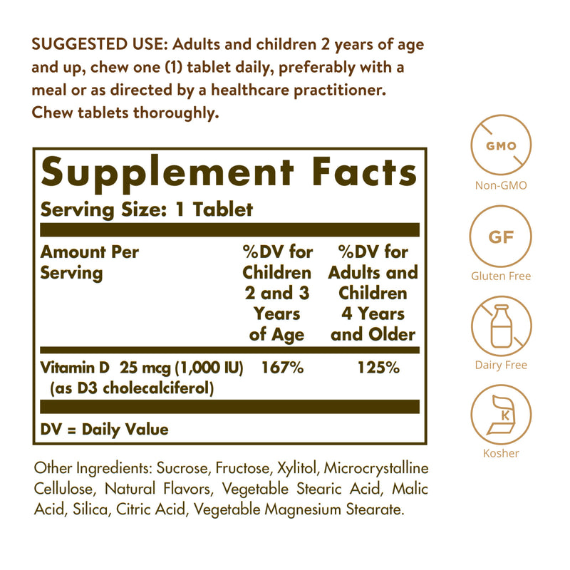 Solgar Vitamin D3 (Cholecalciferol) 25 mcg (1000 IU) Natural Strawberry Banana Swirl Flavor 100 Chewable Tablets