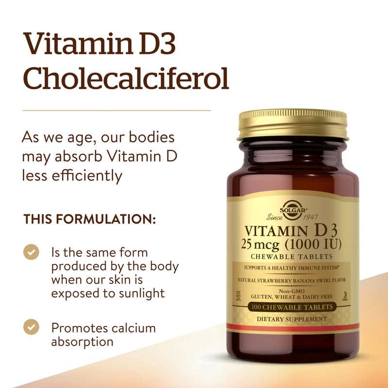 Solgar Vitamin D3 (Cholecalciferol) 25 mcg (1000 IU) Natural Strawberry Banana Swirl Flavor 100 Chewable Tablets