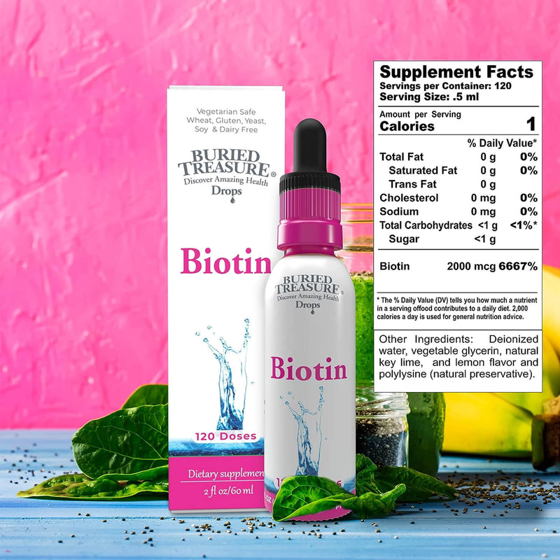 CLEARANCE! Buried Treasure Biotin Drops Supports Hair, Skin & Nails - 120 servings, BEST BY 04/2024 - DailyVita