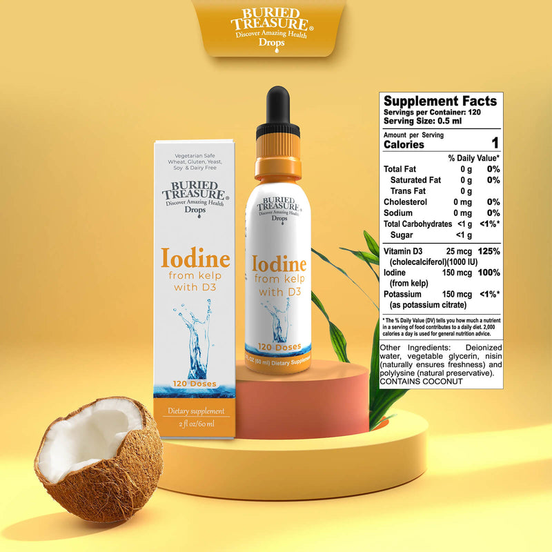 CLEARANCE! Buried Treasure Iodine Drops with Kelp: Natural Thyroid Support, Boosts Immunity Health - 120 servings, BEST BY 03/2025