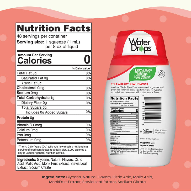 SweetLeaf Water Drops, Strawberry Kiwi –  Stevia & Monk Fruit Sweetener Water Flavoring, 1.62 oz