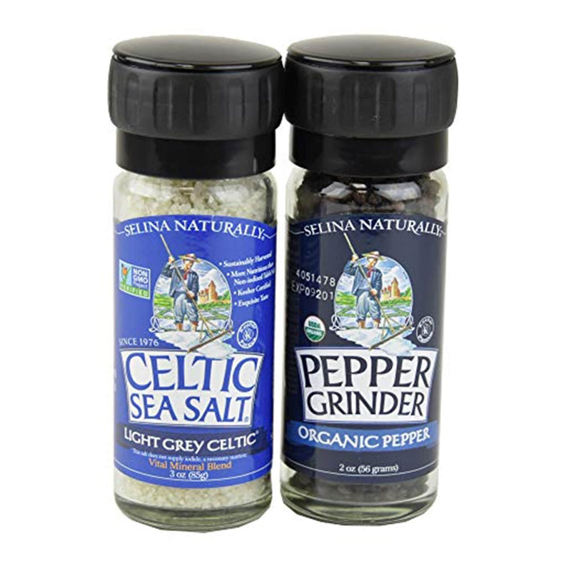 Celtic Sea Salt Light Grey 3 oz Large Grinders & 2 oz Peppercorn Grinder Sets - DailyVita