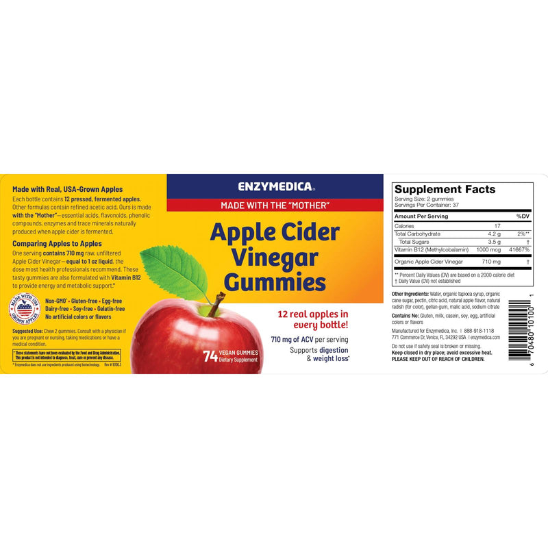 CLEARANCE! Enzymedica Apple Cider Vinegar Gummies 74 Chews, BEST BY 07/2024 - DailyVita