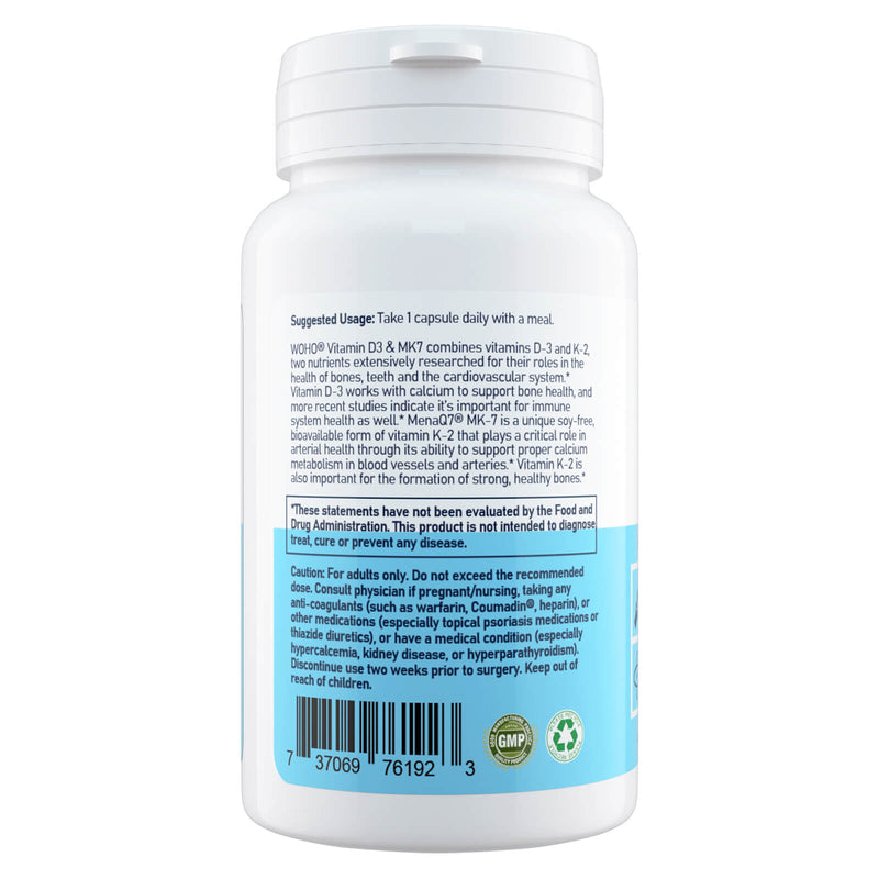 CLEARANCE! Woohoo Natural Vitamin D3 & MK7 60 Veg Capsules, BEST BY 11/2024