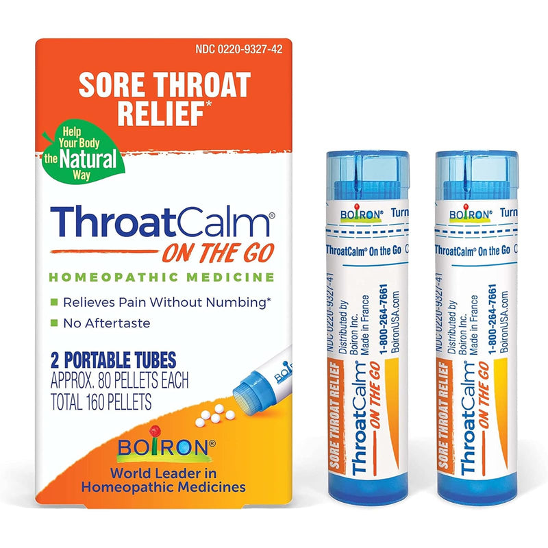 Boiron ThroatCalm On The Go, for Pain Relief from Red, Dry, Scratchy, Sore Throats and Hoarseness, 2 Portable Tubes, Total 160 Pellets - DailyVita