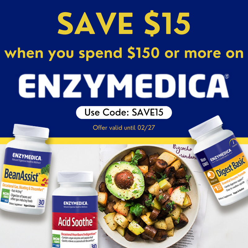 Get $15 off when you spend $150 or more on Enzymedica products. 