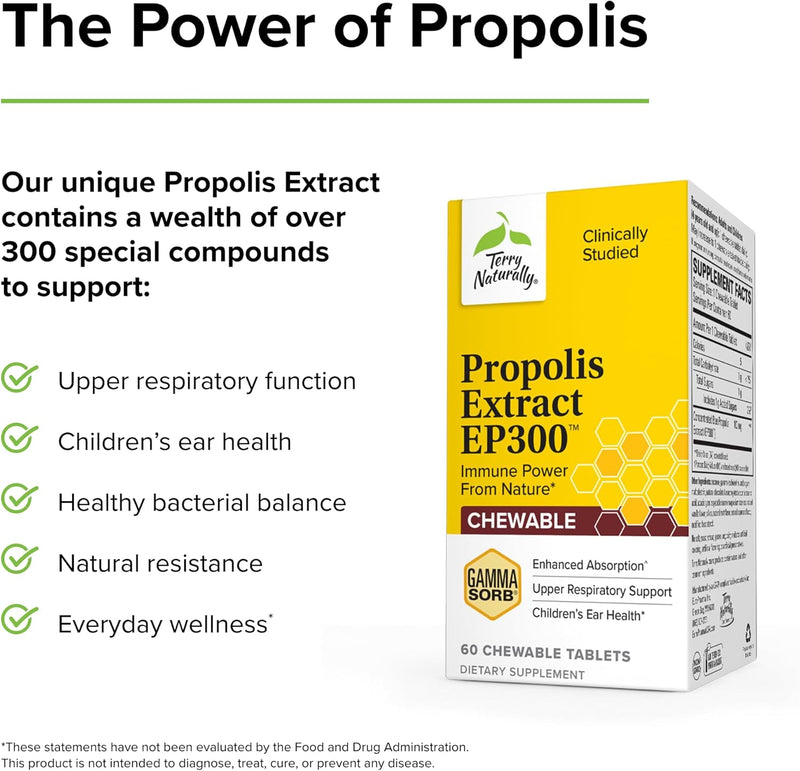 CLEARANCE! Terry Naturally Propolis Extract EP300™ - 60 Chewable Tablets, BEST BY 05/2024