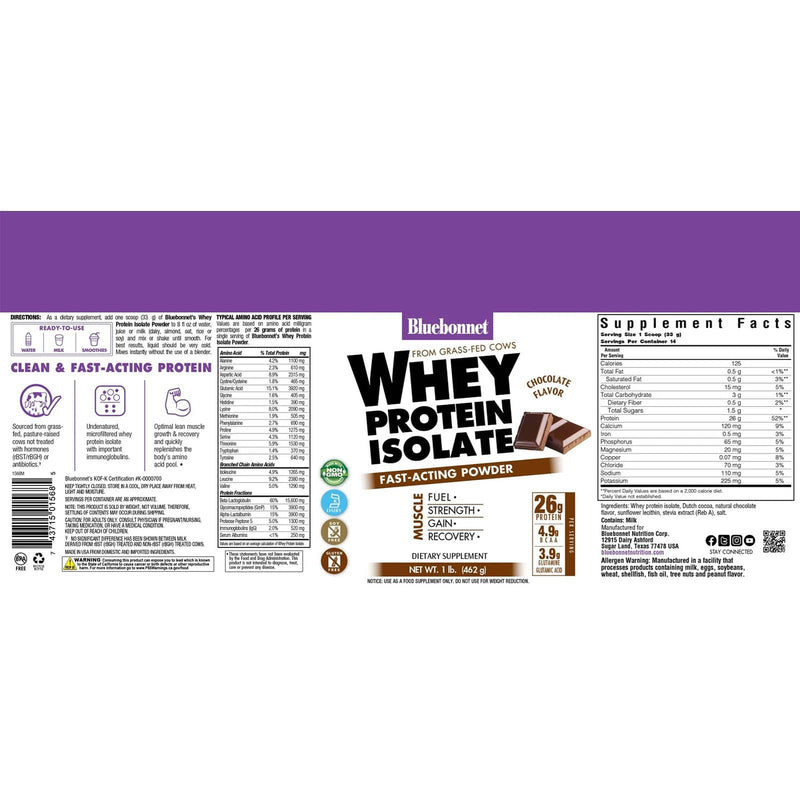 Bluebonnet Whey Protein Isolate Powder Chocolate 1 lbs