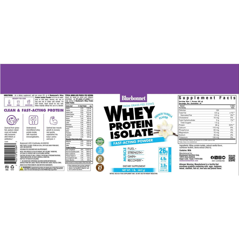 Bluebonnet Whey Protein Isolado Pó Baunilha Francesa 1 Lbs Pó