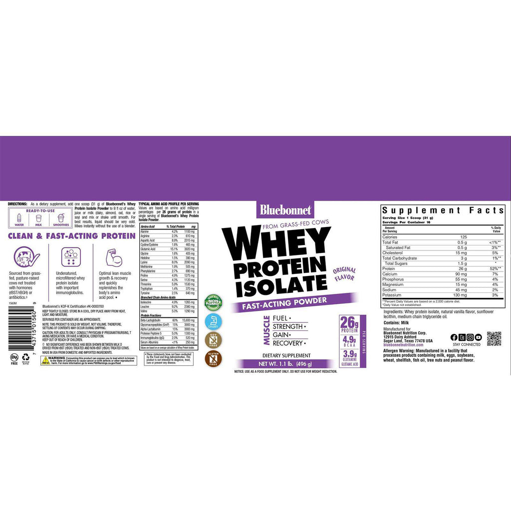 Bluebonnet Whey Protein Isolate Powder Original 1.1 lbs - DailyVita
