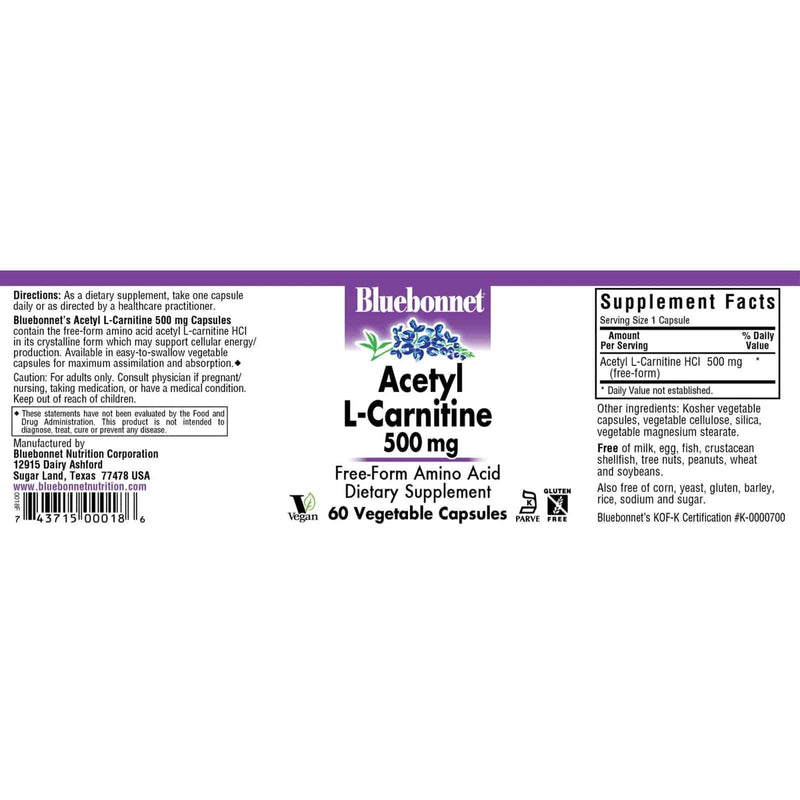 Bluebonnet Acetil L-Carnitina 500 mg 60 Cápsulas Vegetales