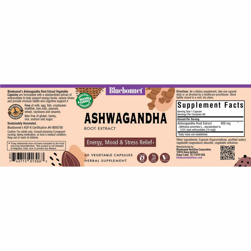 Bluebonnet Ashwagandha Root Extract 60 Veg Capsules