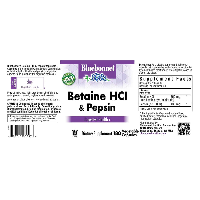 Bluebonnet Betaine Hci & Pepsin 180 Veg Capsules