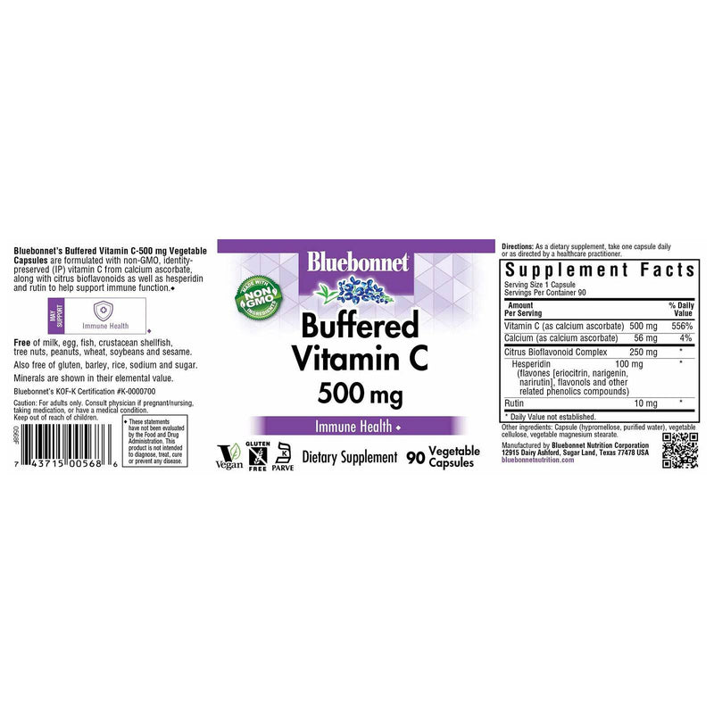 Bluebonnet Buffered Vitamin C-500 mg 90 Veg Capsules