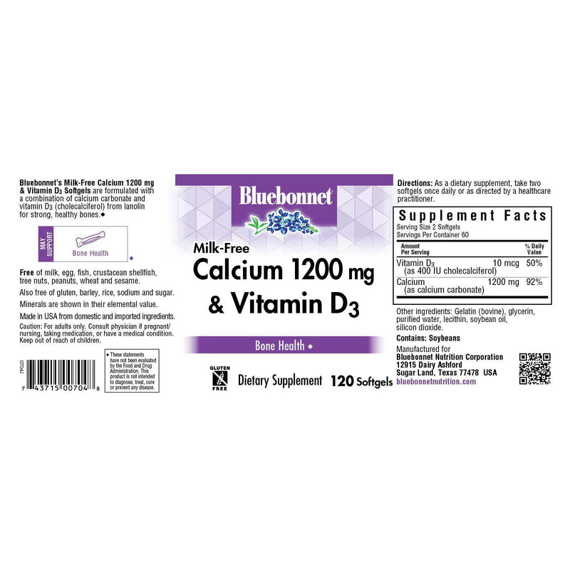 Bluebonnet Calcium 1200 mg & Vitamin D3 (Milk-Free) 120 Softgels