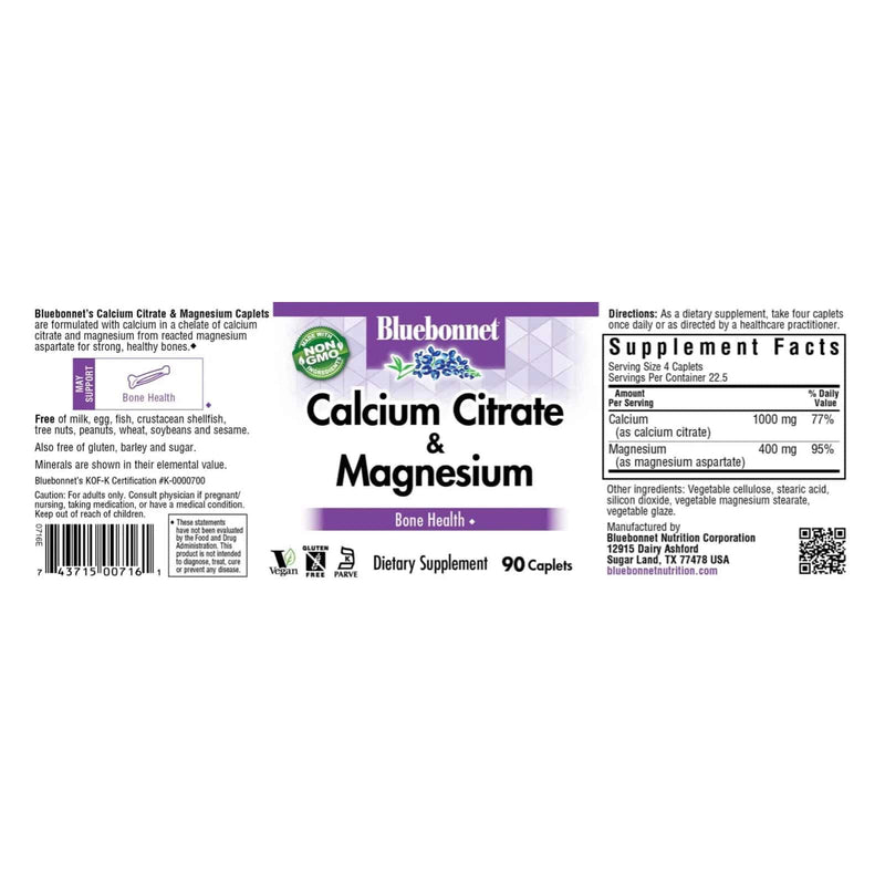 Bluebonnet Calcium Citrate & Magnesium 90 Caplets