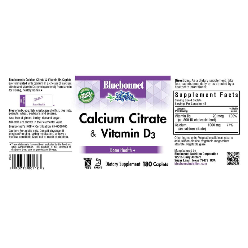 Bluebonnet Calcium Citrate & Vitamin D3 180 Caplets