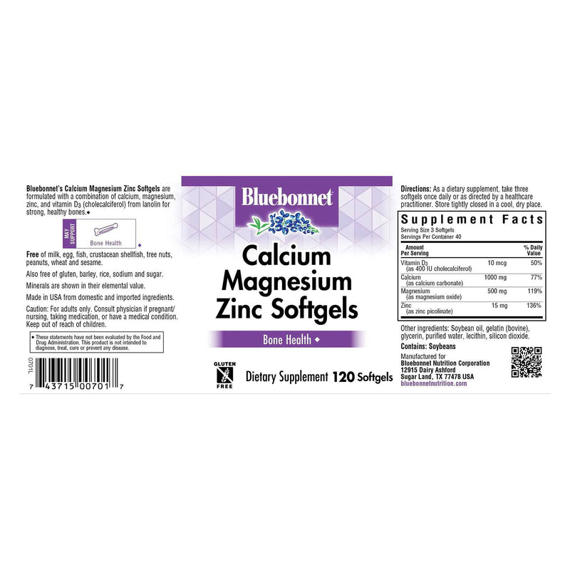 Bluebonnet Calcium Magnesium Zinc & Vitamin D3 120 Softgels