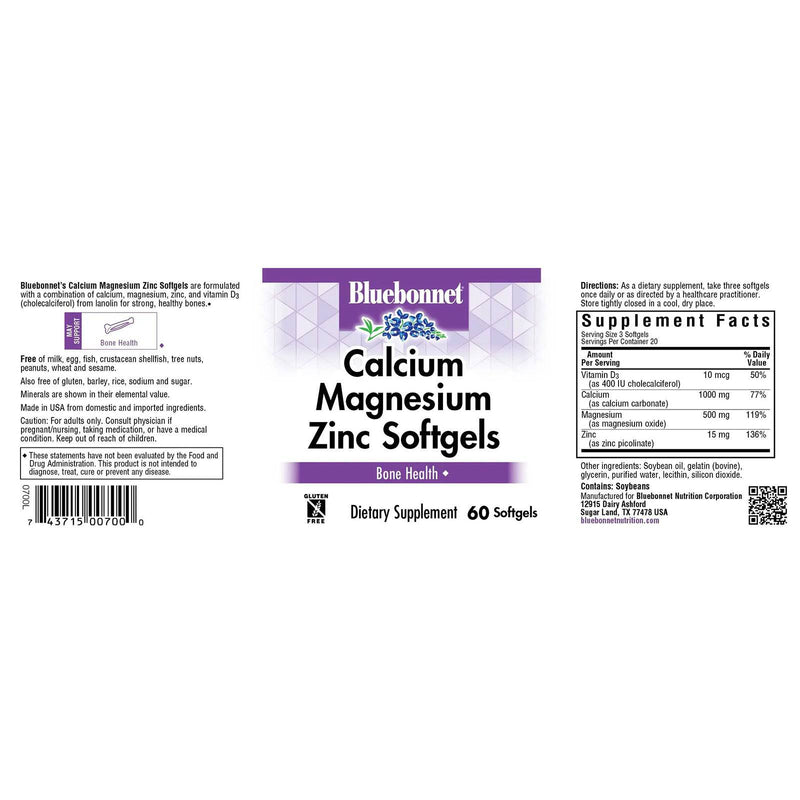 Bluebonnet Calcium Magnesium Zinc & Vitamin D3 60 Softgels