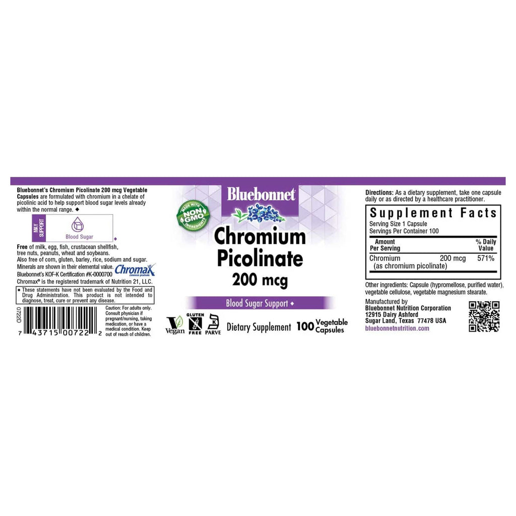 Bluebonnet Chromium Picolinate 200 mcg 100 Veg Capsules