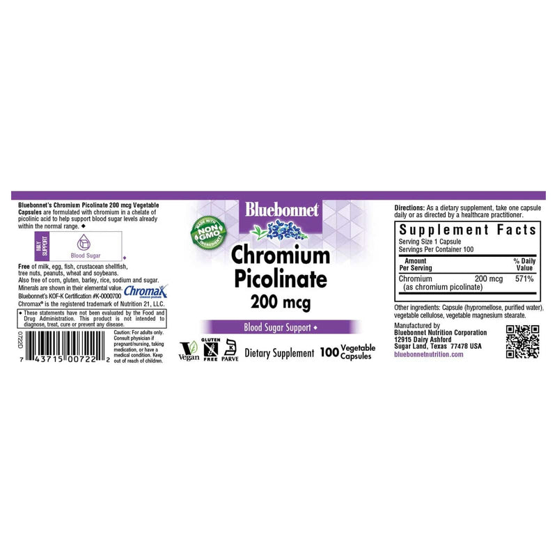 Bluebonnet Chromium Picolinate 200 mcg 100 veg cápsulas