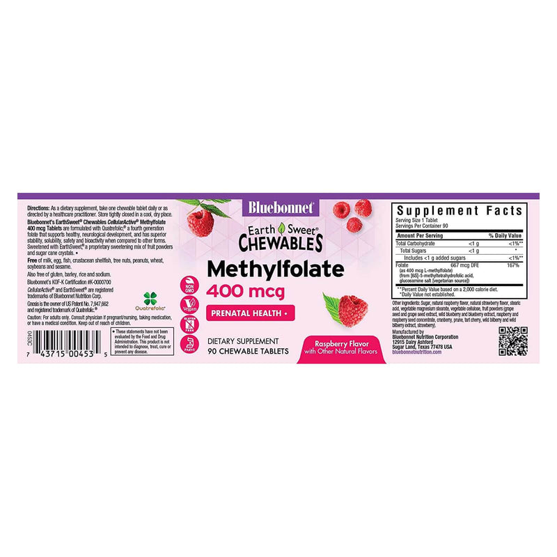 Bluebonnet Earth Sweet Chewables Cellular Active Methylfolate 400 mcg Raspberry 90 Tablets