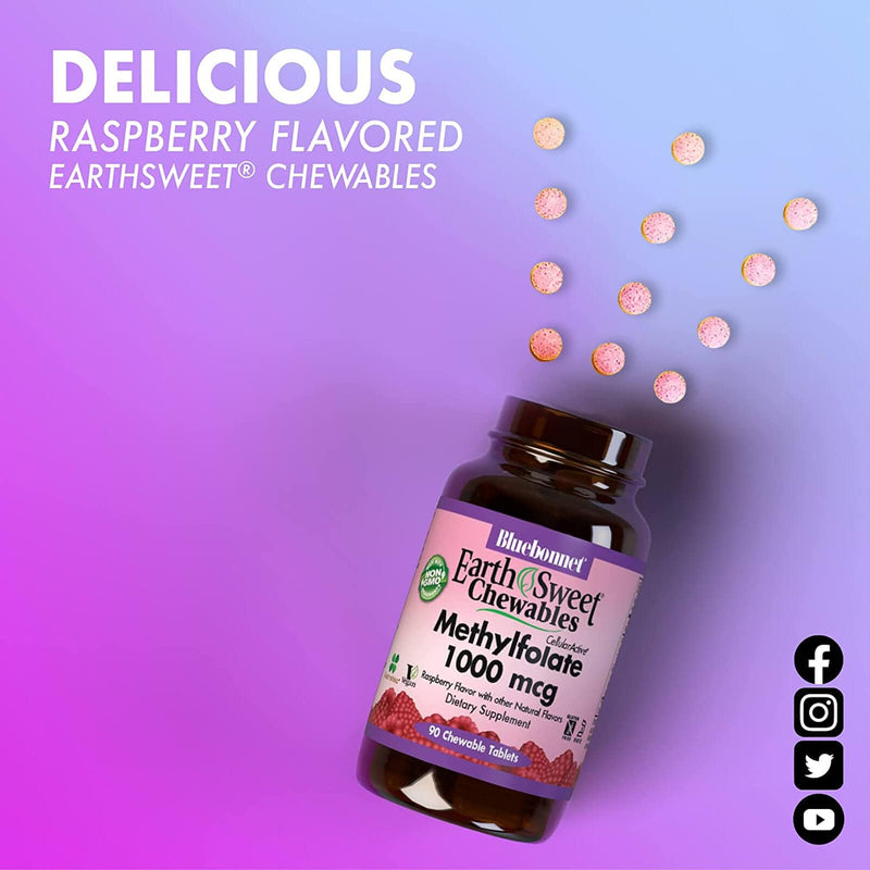 Bluebonnet Earth Sweet Chewables Cellular Active Methylfolate 400 mcg Raspberry 90 Tablets