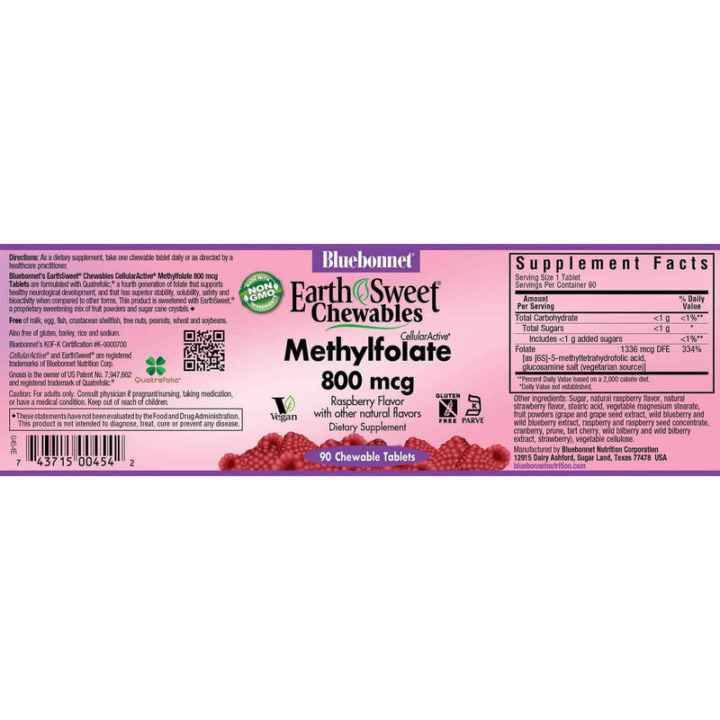 Bluebonnet Earth Sweet Chewables Cellular Active Methylfolate 800 mcg 90 Tablets