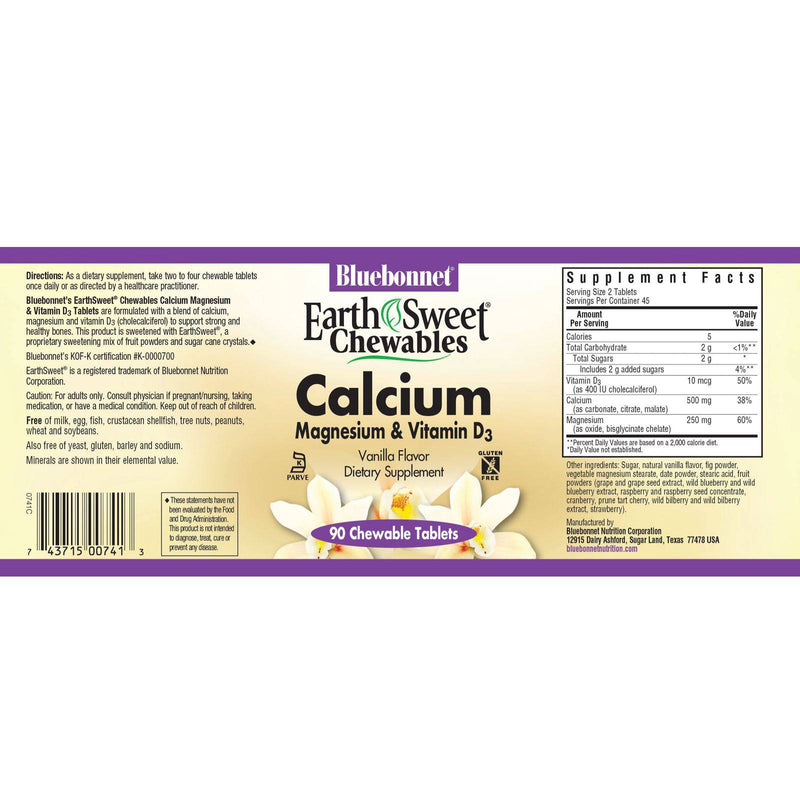 Bluebonnet Earthsweet Chewables Calcium Magnesium & Vitamin D3 Vanilla 90 Tablets