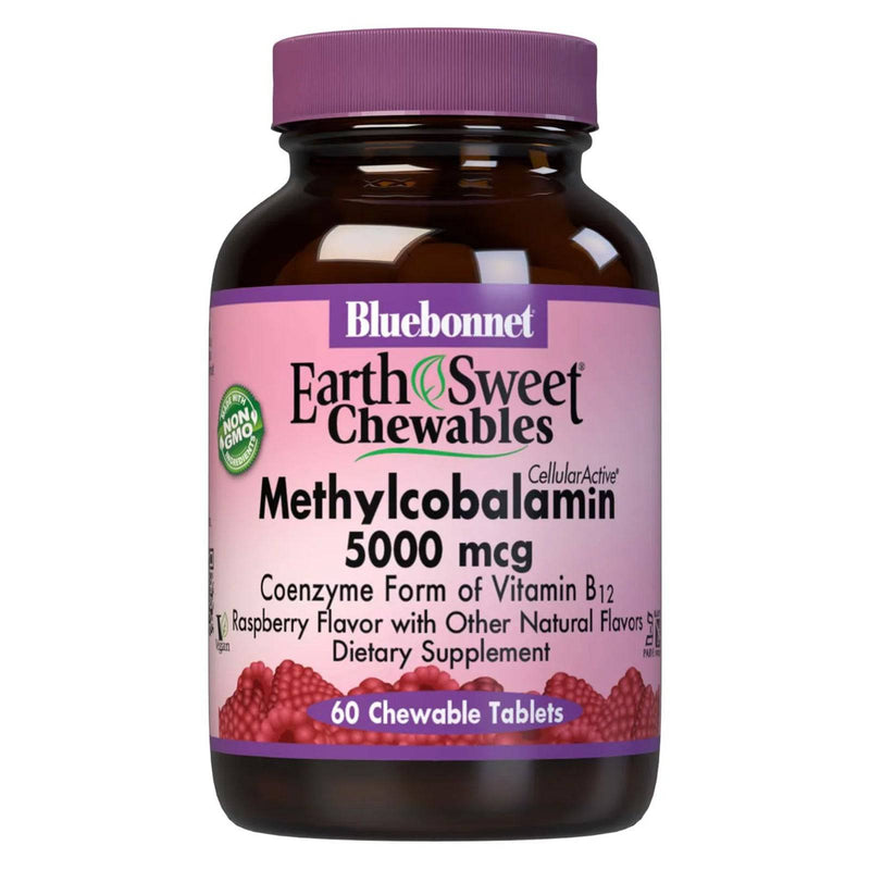 Bluebonnet Earthsweet Chewables Cellular Active Methylcobalamin Vitamin B-12 5000 mcg Raspberry 60 Tablets